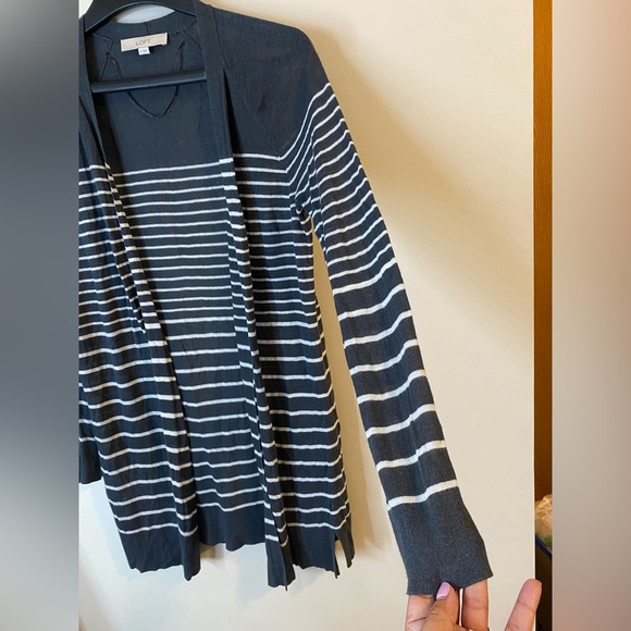LOFT Gray and White Striped open front Cardigan Ramie blend - Picture 4 of 9